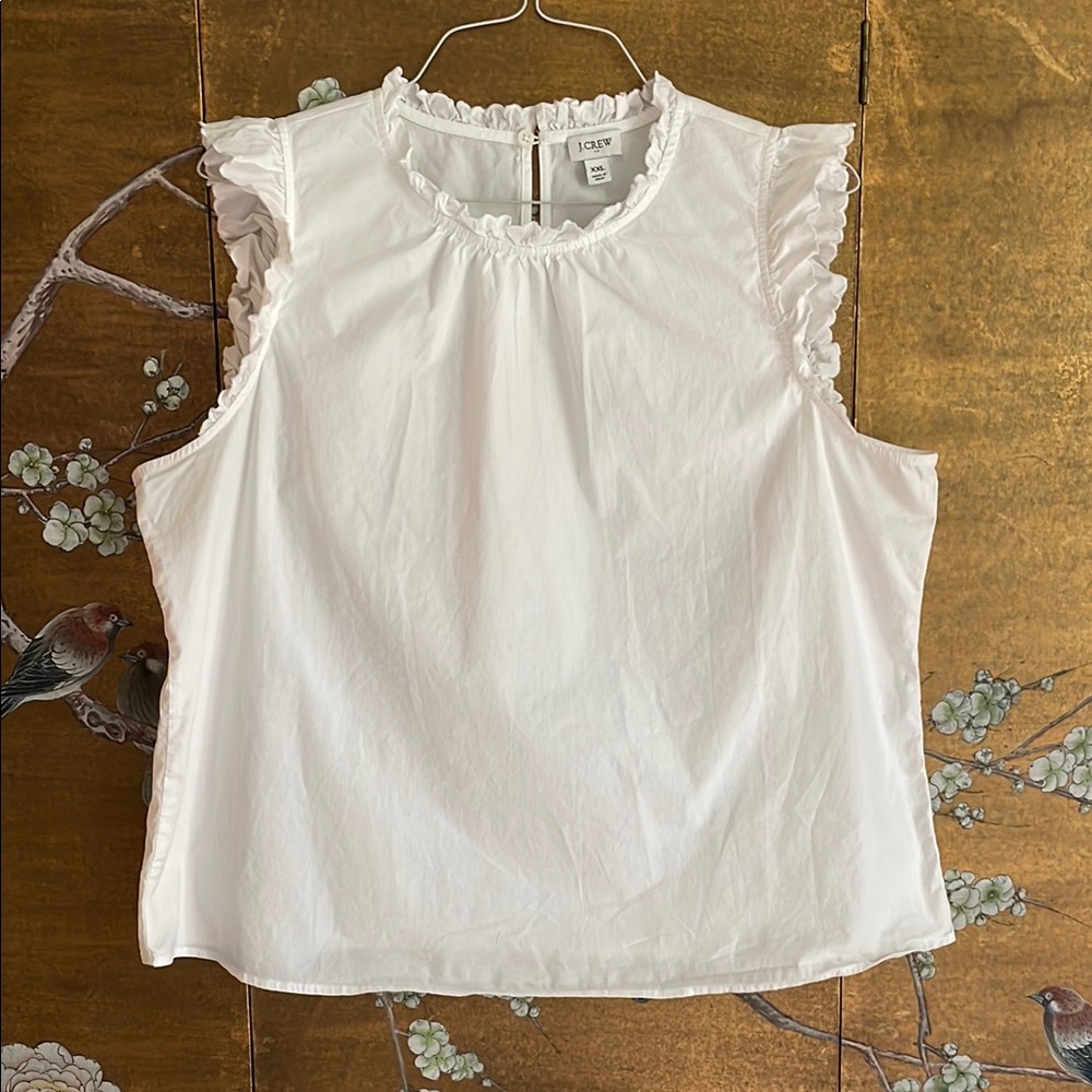 J Crew crisp white sleeveless top with scalloped embroidered ruffle detail. EUC